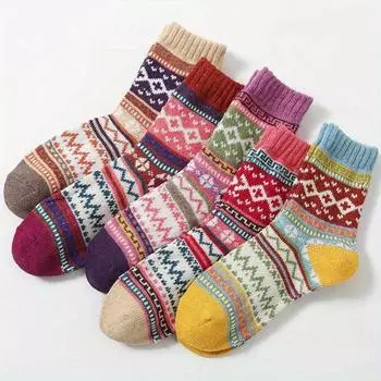 5 Pairs Retro Autumn and Winter Thick Striped Warm Socks, Couple Socks for Men and Women One Size Fits All