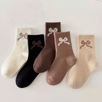 5 Pairs/Set Kids Girls Cotton Bowknot Socks Spring Autumn New Coffee Color Sports Socks Children s Sweet Princess Student Socks 1-3Years(S)