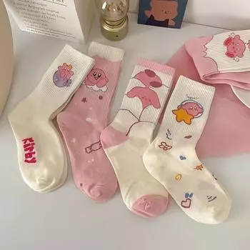 5 Pairs Soft Pink & White Cartton Socks, Crew Length Sock Pack, Women s Stockings & Hosiery One-size