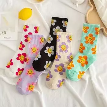 5 Pairs Women s Cute Crew Socks Set, Plus Size Floral Pattern Ribbed Knit Breathable Mid-calf Socks One-size