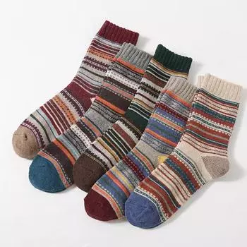 5 Pairs Women s Striped Pattern Thermal Thick Crew Socks One-size