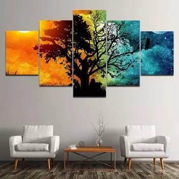 5 панелей абстрактный пейзаж дерево пара солнце луна холст картины постеры и принты настенные художественные фотографии домашний декор без рамки 20x35cm*2 20x45cm*2 20x55cm*1