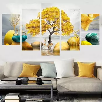 5 панелей абстрактный пейзаж холст картина золотое дерево камень плакаты с оленями и принты настенные художественные фотографии домашний декор без рамки 20x35cm*2 20x45cm*2 20x55cm*1