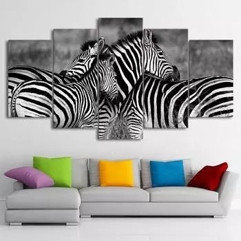 5 панелей черно-белая картина маслом на холсте с изображением луга, животных, зебры, современные настенные картины, постеры и принты для декора гостиной 20x35cm*2 20x45cm*2 20x55cm*1
