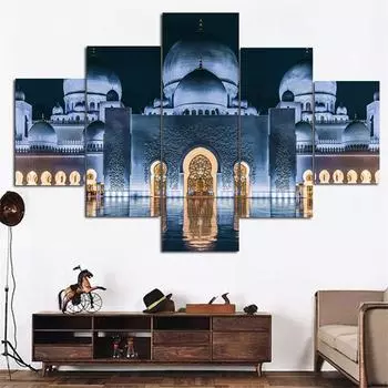 5 панелей Исламская мечеть Пейзаж Картины Исламские постеры Настенное искусство Домашний декор Печать на холсте Картины Украшение гостиной Без рамки 20x35cm*2 20x45cm*2 20x55cm*1 No Frame
