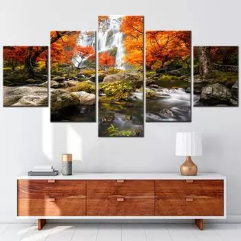 5 панелей Картина на холсте Водопад осенью Модульная картина на холсте для украшения спальни Эстетический декор стен Без рамки 20x35cm*2 20x45cm*2 20x55cm*1 No Frame