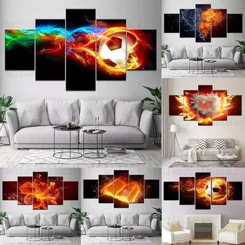 5 панелей красочные пламя огонь цветок сердце футбол холст картины постеры и принты настенные художественные фотографии домашний декор без рамки 20x35cm*2 20x45cm*2 20x55cm*1