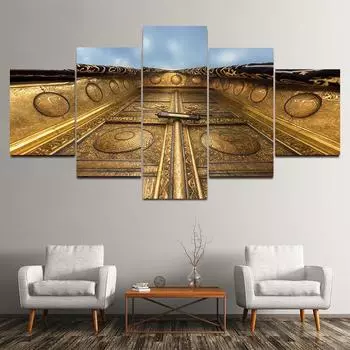 5 панелей Мечеть Мекка Кааба Исламское здание Золотая дверь Холст Картина Плакаты и принты Настенные художественные фотографии Домашний декор без рамки 20x35cm*2 20x45cm*2 20x55cm*1