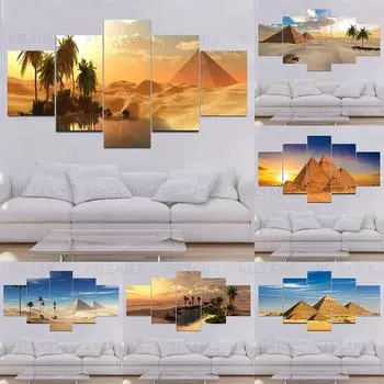 5 панелей Оазис в песчаной египетской пустыне, пирамида, холст, картина, пейзажные постеры и принты, настенное искусство, домашний декор, без рамки 20x35cm*2 20x45cm*2 20x55cm*1