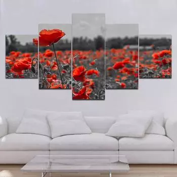 5 панелей пейзаж черно-белый красный цветок мака холст картины постеры с природой и принты настенные панно домашний декор без рамки 20x35cm*2 20x45cm*2 20x55cm*1
