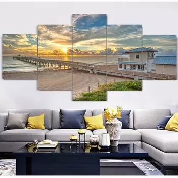 5 панелей Пейзаж Деревянный мост возле побережья Холст Картина Плакаты и принты Настенная картина для гостиной Домашний декор без рамки 20x35 20x45 20x55cm