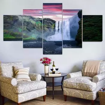 5 панелей пейзаж Исландия Скогафосс водопад восход солнца холст картины постеры и принты настенные художественные фотографии домашний декор без рамки 20x35cm*2 20x45cm*2 20x55cm*1