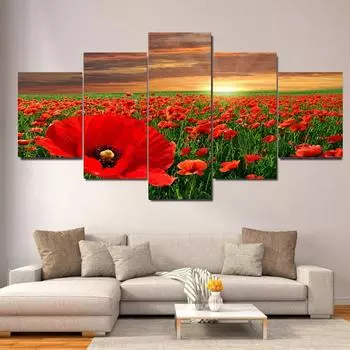 5 панелей Пейзаж Красное Поле Маков Холст Картина Природа Восход Закат Плакаты и принты Настенная Картина Домашний Декор Без Рамки 20x35cm*2 20x45cm*2 20x55cm*1