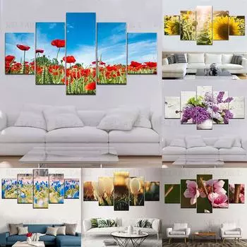 5 панелей пейзаж красный мак подсолнечник розовые цветы ветка холст картины постеры и принты настенное искусство домашний декор без рамки 20x35cm*2 20x45cm*2 20x55cm*1