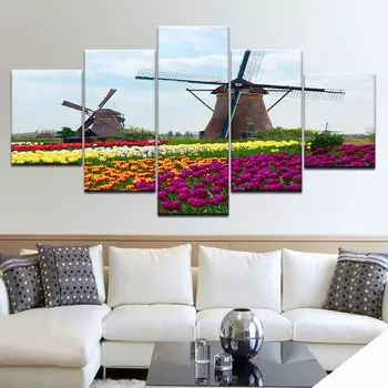 5 панелей пейзаж красочные тюльпаны цветы ветряная мельница холст живопись постеры с природой и принты гостиная домашний декор без рамки 20x35cm*2 20x45cm*2 20x55cm*1