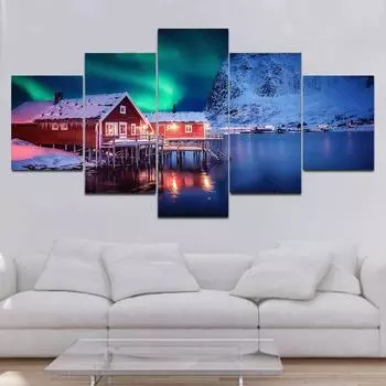 5 панелей пейзаж Лофотенские острова холст картина зимнее северное сияние постеры и принты настенные художественные фотографии домашний декор без рамки 20x35cm*2 20x45cm*2 20x55cm*1