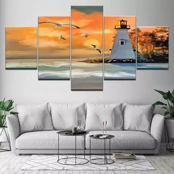 5 панелей Пейзаж Морская птица Маяк Закат Масло Холст Картина Абстрактные постеры и принты Картина Декор в гостиную Без рамки 20x35cm*2 20x45cm*2 20x55cm*1