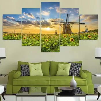 5 панелей пейзаж подсолнух ветряная мельница восход солнца холст картины постеры с природой и принты настенные художественные фотографии домашний декор без рамки 20x35cm*2 20x45cm*2 20x55cm*1