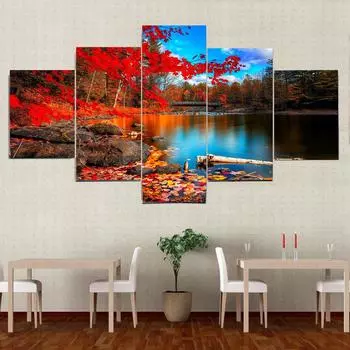 5 панелей Пейзаж Природа осенью Холст Картина Красный лист Плакаты и принты Настенные художественные фотографии Гостиная Домашний декор Без рамки 20x35cm*2 20x45cm*2 20x55cm*1