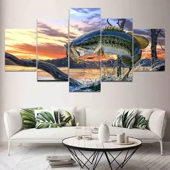 5 панелей пейзаж прыгающий большеротый окунь рыба холст картина озеро постеры с животными и принты гостиная домашний декор без рамки 20x35cm*2 20x45cm*2 20x55cm*1