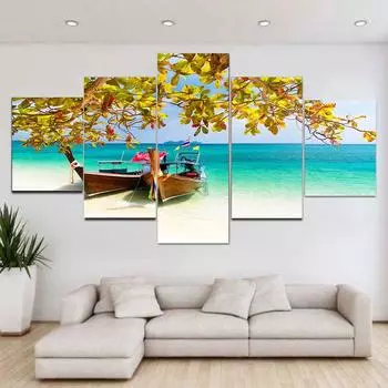 5 панелей, пейзаж, традиционная деревянная длинная лодка, пляж, холст, живопись, постеры и принты, настенное искусство, домашний декор, без рамки 20x35cm*2 20x45cm*2 20x55cm*1