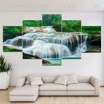 5 панелей пейзаж водопад лес дерево зеленый лист холст картины постеры и принты настенные художественные фотографии домашний декор без рамки 20x35cm*2 20x45cm*2 20x55cm*1