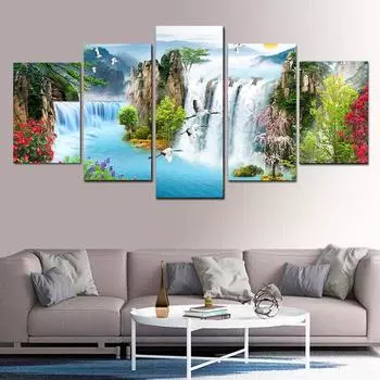 5 панелей пейзаж водопад лес горные птицы холст картины постеры и принты настенные художественные фотографии домашний декор без рамки 20x35cm*2 20x45cm*2 20x55cm*1