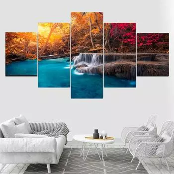 5 панелей пейзаж водопад осень лес холст картины постеры и принты настенные художественные фотографии гостиная домашний декор без рамки 20x35cm*2 20x45cm*2 20x55cm*1