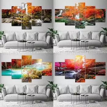 5 панелей пейзаж водопад осень лес осень дерево холст картины постеры и принты настенные художественные фотографии домашний декор без рамки 20x35cm*2 20x45cm*2 20x55cm*1