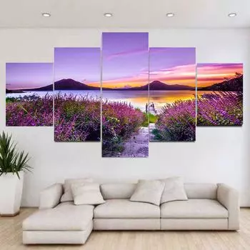 5 панелей пейзаж закат фиолетовый цветок поле горы холст картины постеры и принты настенная художественная картина домашний декор без рамки 20x35cm*2 20x45cm*2 20x55cm*1