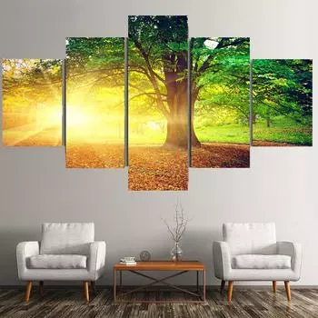 5 панелей пейзаж закат зеленое дерево лес холст картины постеры и принты настенные художественные фотографии гостиная домашний декор без рамки 20x35cm*2 20x45cm*2 20x55cm*1