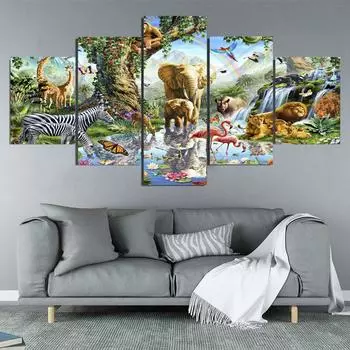 5 панелей тропические джунгли, растения и животные, пейзаж, холст, живопись, постеры и принты, настенное искусство, домашний декор для детской комнаты, без рамки 20x35 20x45 20x55cm