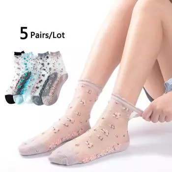 5 пар эластичных носков из хрустального стекла, шелковые ультратонкие кружевные литературные распродажи, летние прозрачные жаккардовые короткие носки One Size розовый