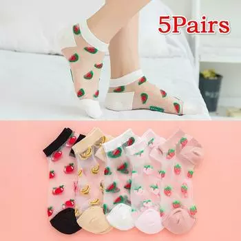 5 пар банановых кружевных сетчатых носков до щиколотки, женские фруктовые носки, прозрачные эластичные для девочек, мягкие носки, женский цвет случайный 5pair