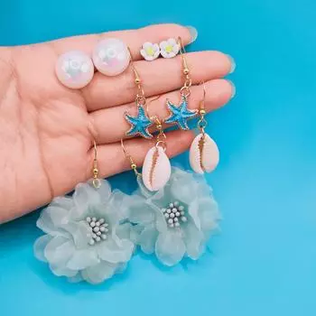 5 пар богемных серег-подвесок, комплект русалок с жемчугом, морскими звездами, ракушками, сетчатые серьги с цветами, женские летние пляжные украшения для ушей синий