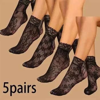 5 пар цветочных кружевных носков, тонкие дышащие короткие носки, летние сетчатые женские чулки в стиле Лолиты с рыболовной сеткой, чулочно-носочные изделия
