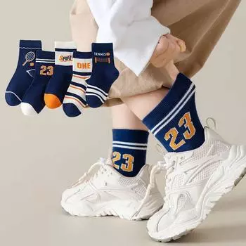 5 пар детских носков для мальчиков, теннисная серия, детские спортивные носки для школьников, весна-осень, мягкие хлопковые носки средней длины для малышей 0-2years синий