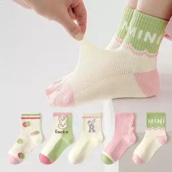 5 пар детских носков, милые дышащие тонкие хлопковые носки с героями мультфильмов для девочек, сетчатые носки для детей 3-12 лет