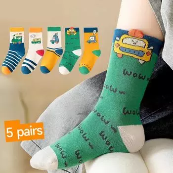 5 пар детских носков с изображением детских забавных машин, яркие цвета, мягкие, эластичные, износостойкие, спортивные носки для отдыха и отдыха на возраст от 1 до 16 лет 9-16 years(19-23 cm)
