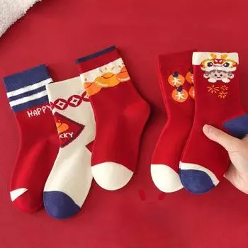 5 пар детских носков средней длины Good Luck, красные, радостные, зимние, теплые, цветные, китайский, лунг, рождественский, мультфильм, мода, 1-14 лет 1-4 year(10-14 cm) бежевый