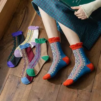5 пар длинных носков-тапочек, женские пушистые носки в этническом стиле, осенне-зимние хлопковые носки, женские модные милые комплекты для ног Kawaii One Size