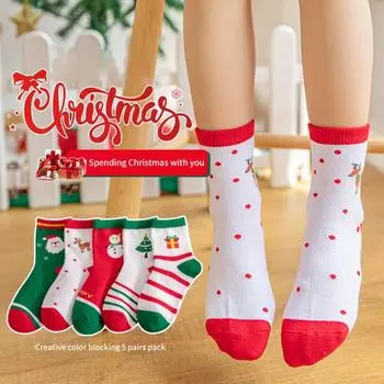 5 пар хлопковых носков для новорожденных девочек и мальчиков от 0 до 12 лет, рождественские носки с героями мультфильмов, нескользящие носки средней длины на трубке L