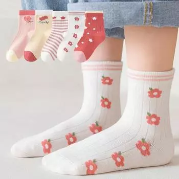 5 пар хлопковых носков средней длины для девочек, женская детская одежда на осень, классические носки Ports, модные, высокоэластичные, 1-16 лет 0-1years (8-10cm)