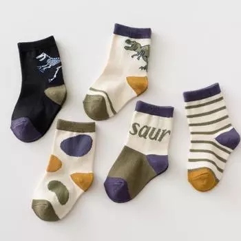5 пар/комплект детские носки хлопковые для мальчиков и девочек милые спортивные носки для школьников средние носки с изображением динозавра осень весна S зелёный