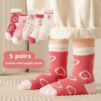 5 пар/комплект детских носков с принтом в виде сердца, осенне-зимние теплые хлопковые носки для девочек ясельного возраста, розовые детские носки средней длины с бантом для любви 0-2Y бежевый