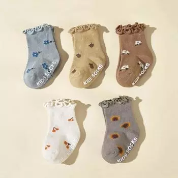 5 пар/комплект новых носков для девочек и мальчиков, детские нескользящие хлопковые носки на весну и осень, детские дышащие носки с оборками XS(0-6m) разноцветный
