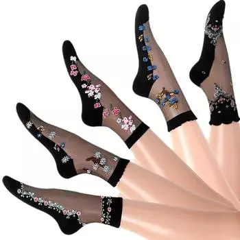 5 пар/комплект женские и девушки чулки средней длины с кристаллами весна-лето тонкие вышитые кружевные дышащие нескользящие носки из стеклянного шелка 5Pairs