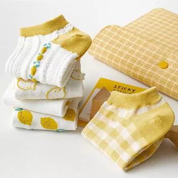 5 пар/комплект женских модных хлопковых носков желтые носки до щиколотки с креативным принтом мультяшные милые лимонные носки One Size