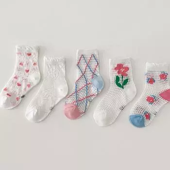 5 пар летних сетчатых носков для девочки, носки с цветами, полые дышащие носки средней длины, цветочные принцессные детские хлопковые носки 0-8 лет 0-2Year