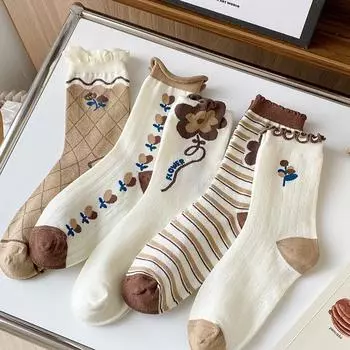 5 пар летних тонких носков цвета хаки, средних носков-трубочек, милые женские носки с героями мультфильмов